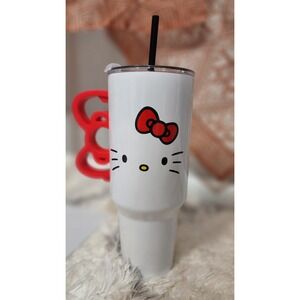 Hello Kitty Insulated Tumbler White Red Bow Handle With Lid & Straw